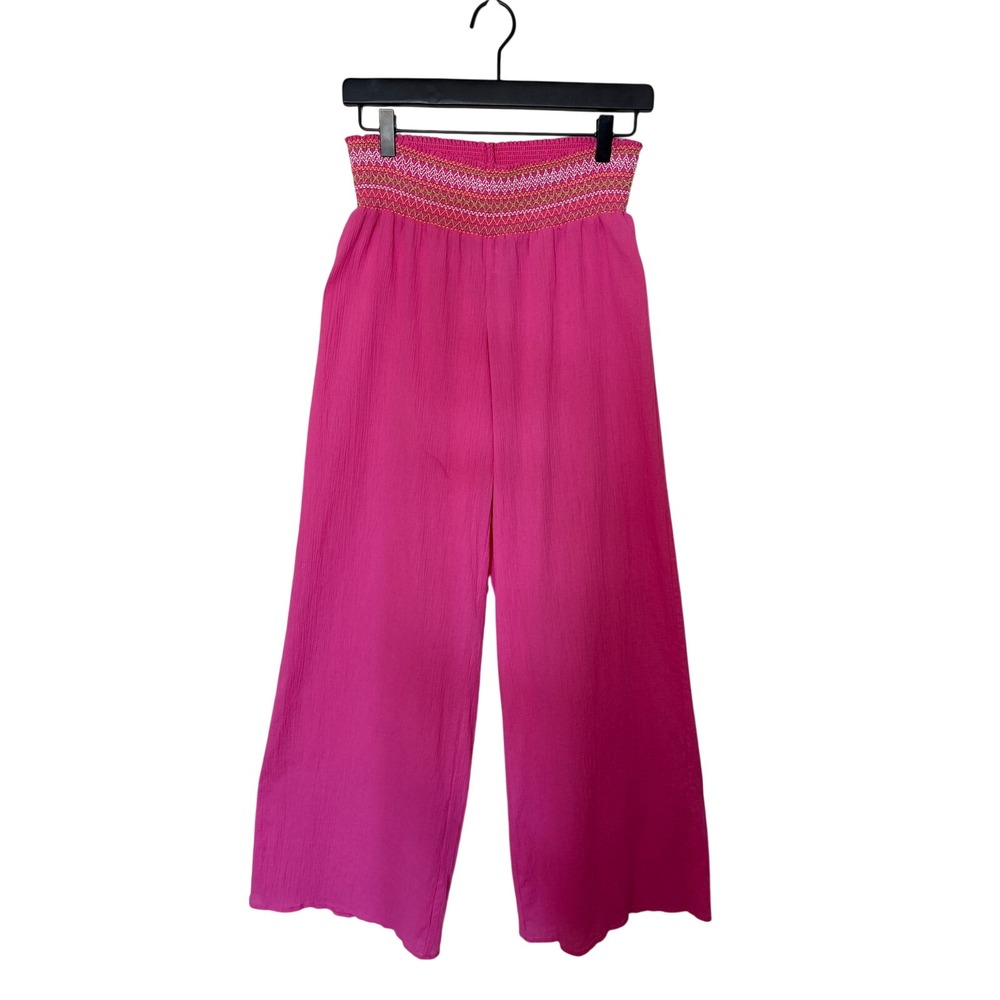 Lilly Pulitzer Vintage Y2K Pink Cotton Gauze Wide Leg Pants M Smocked Embroider